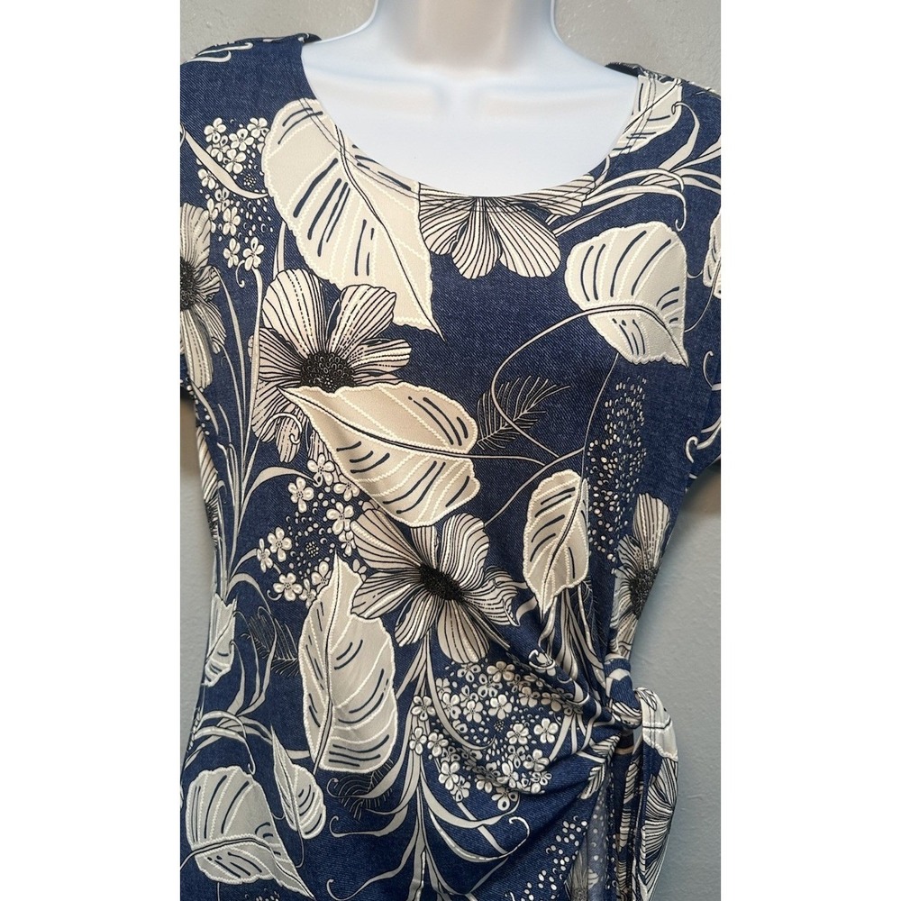 Robbie Bee Dress Women's PM Medium Navy Blue White Hawaiian Floral Stretch Midi - Picture 6 of 11
